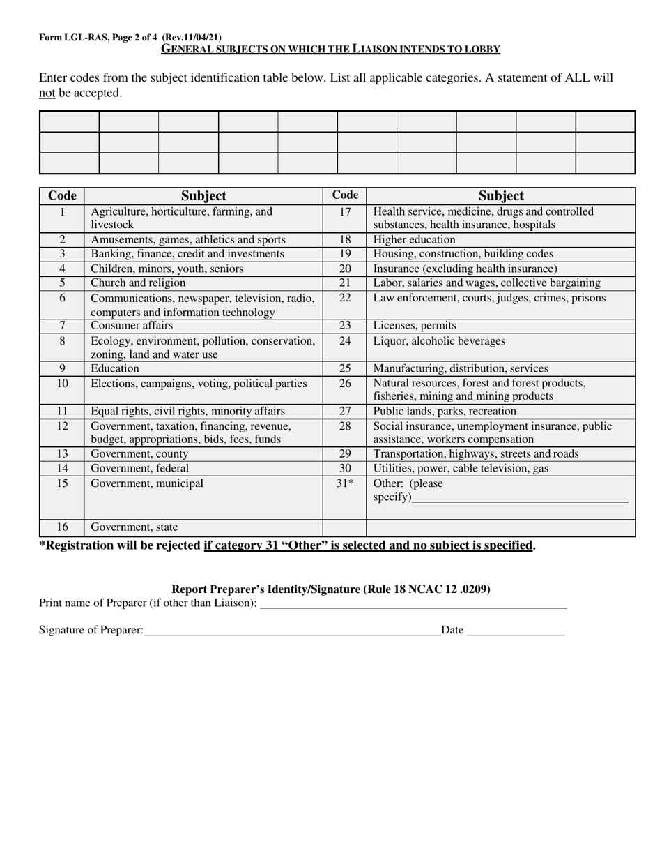 Form LGL-RAS Local Government Liaison Registration and Authorization Statement - North Carolina, Page 2