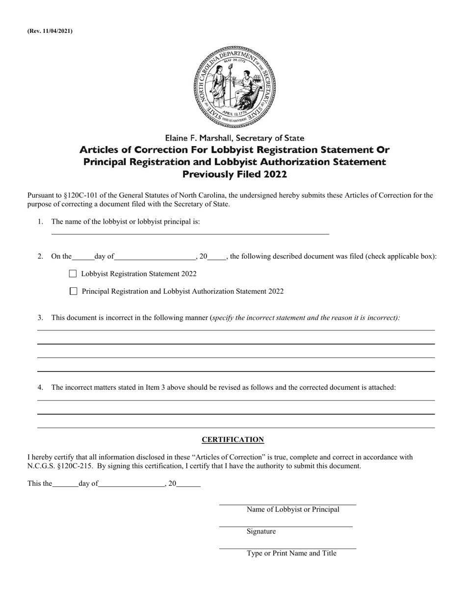 Articles of Correction for Lobbyist Registration Statement and Principal Registration and Lobbyist Authorization Statement Previously Filled - North Carolina, Page 1