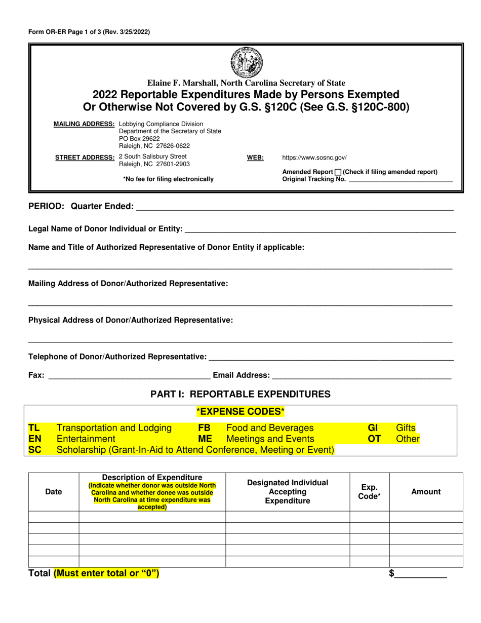 Form OR-ER Reportable Expenditures Made by Persons Exempted or Otherwise Not Covered by G.s. 120c - North Carolina, Page 1