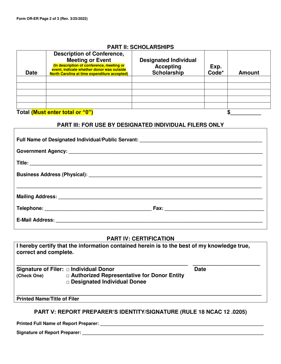 Form OR-ER Reportable Expenditures Made by Persons Exempted or Otherwise Not Covered by G.s. 120c - North Carolina, Page 2