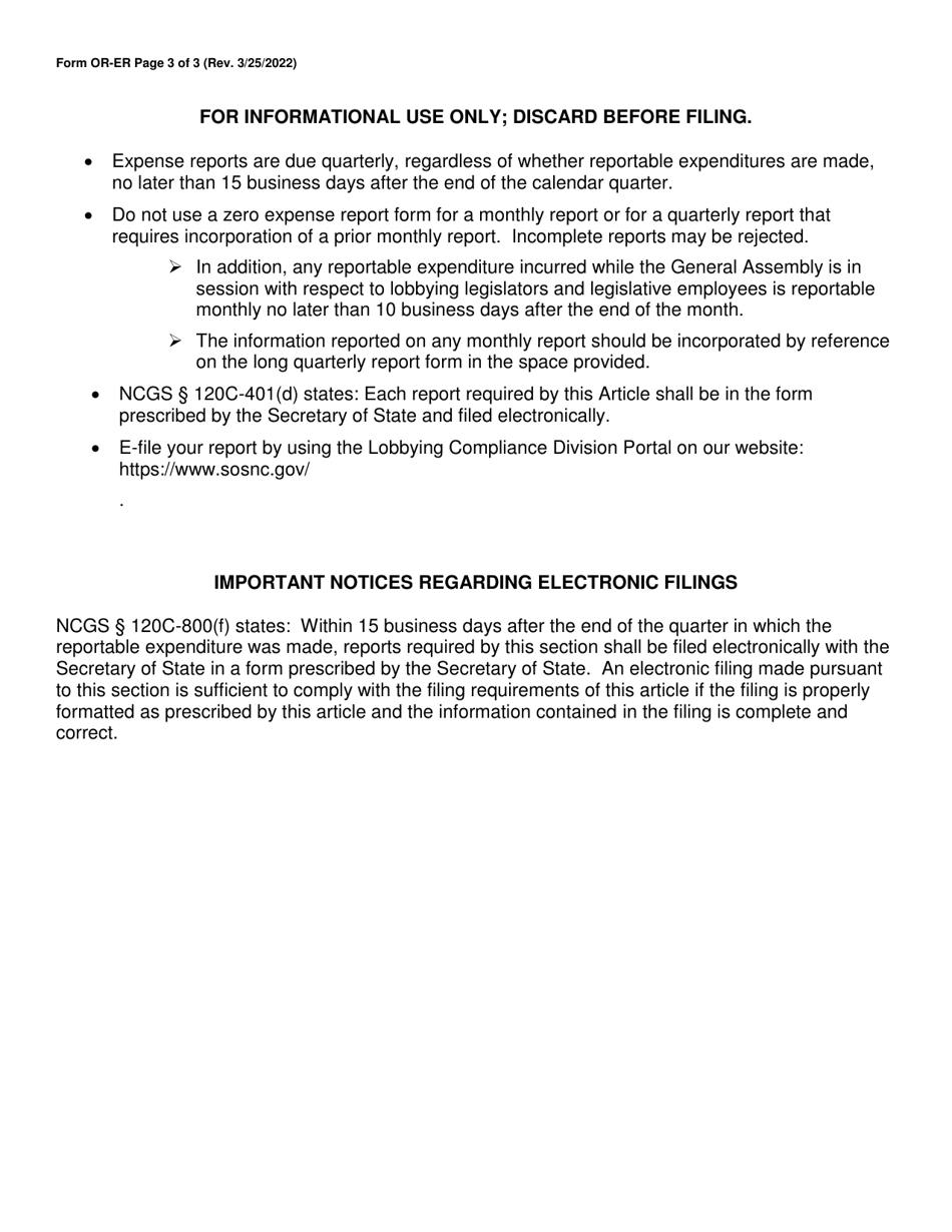 Form OR-ER Reportable Expenditures Made by Persons Exempted or Otherwise Not Covered by G.s. 120c - North Carolina, Page 3