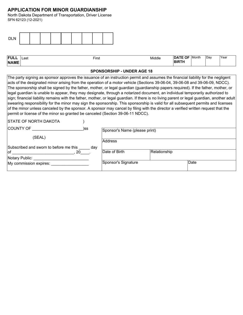 Form SFN62123 Application for Minor Guardianship - North Dakota, Page 1