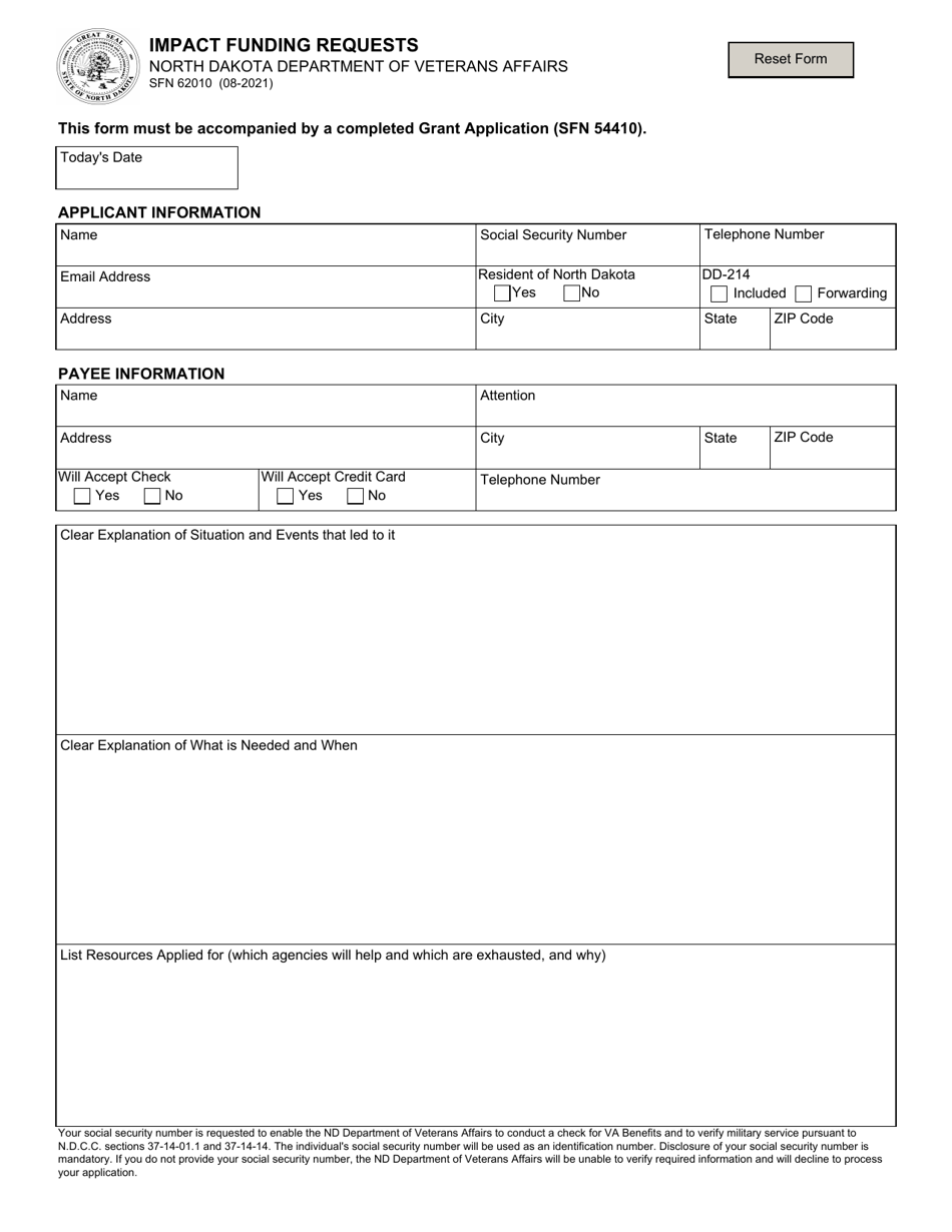 Form SFN62010 Impact Funding Requests - North Dakota, Page 1
