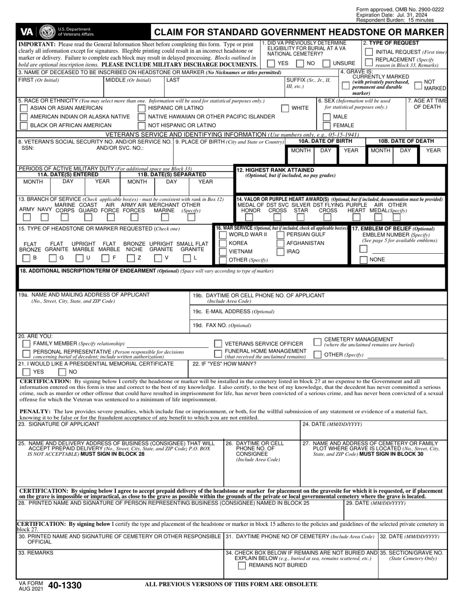 VA Form 40-1330 Claim for Standard Government Headstone or Marker, Page 4
