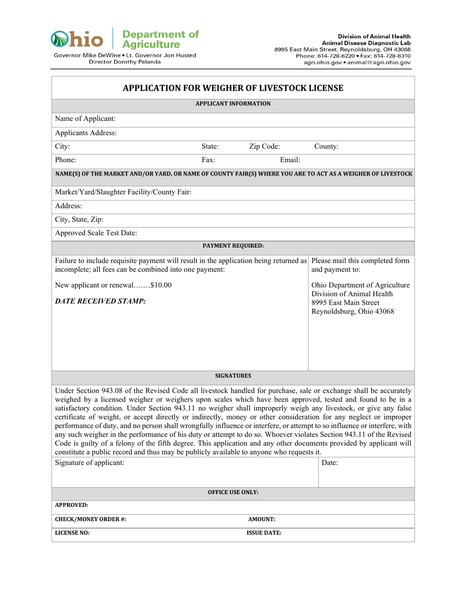 Ohio Application for Weigher of Livestock License Fill Out, Sign