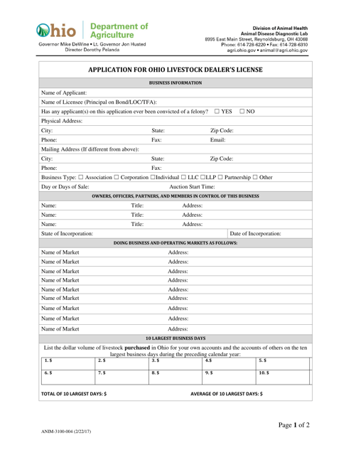 Form ANIM-3100-004 Application for Ohio Livestock Dealer's License for Corporate Dealer - Ohio