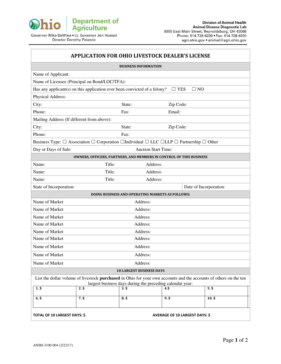 Form ANIM-3100-004 Application for Ohio Livestock Dealers License for Corporate Dealer - Ohio, Page 1