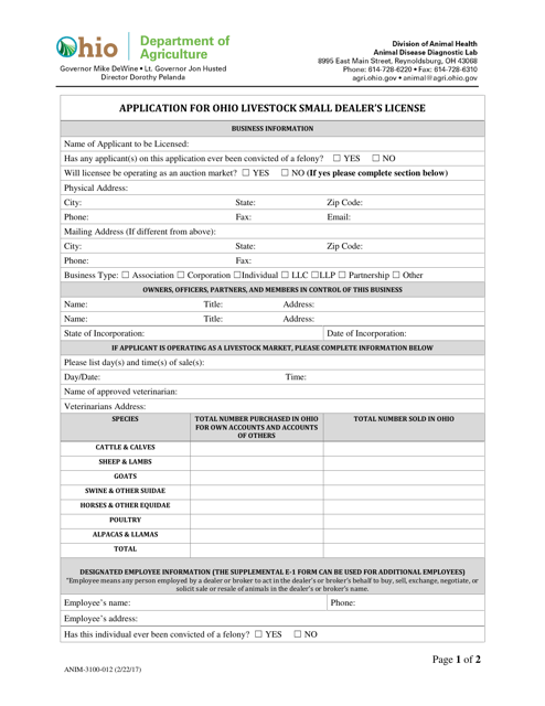 Form ANIM-3100-012 Application for Ohio Livestock Small Dealer's License - Ohio