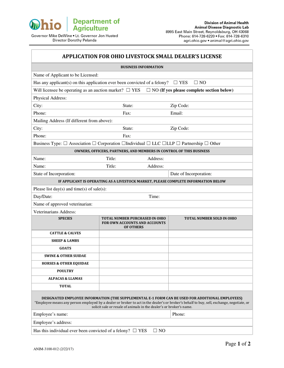 Form ANIM-3100-012 Application for Ohio Livestock Small Dealers License - Ohio, Page 1