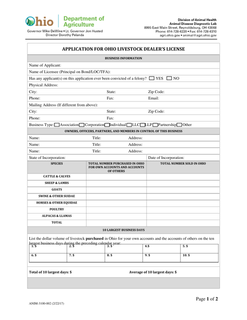Form ANIM-3100-002  Printable Pdf