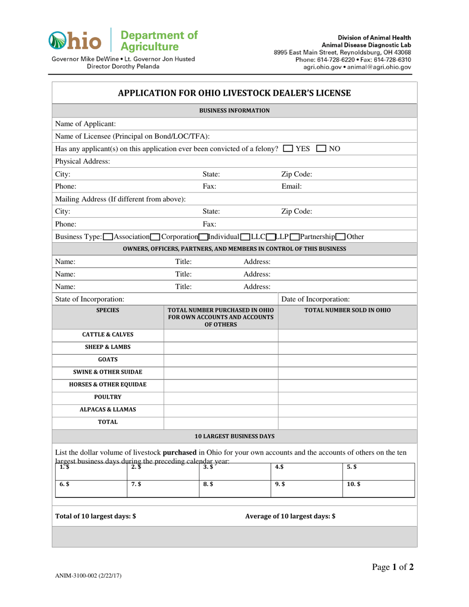 Form ANIM-3100-002 Application for Ohio Livestock Dealers License - Ohio, Page 1
