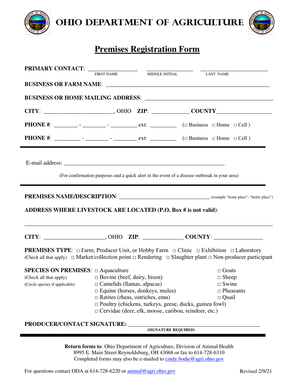 Premises Registration Form - Ohio, Page 1