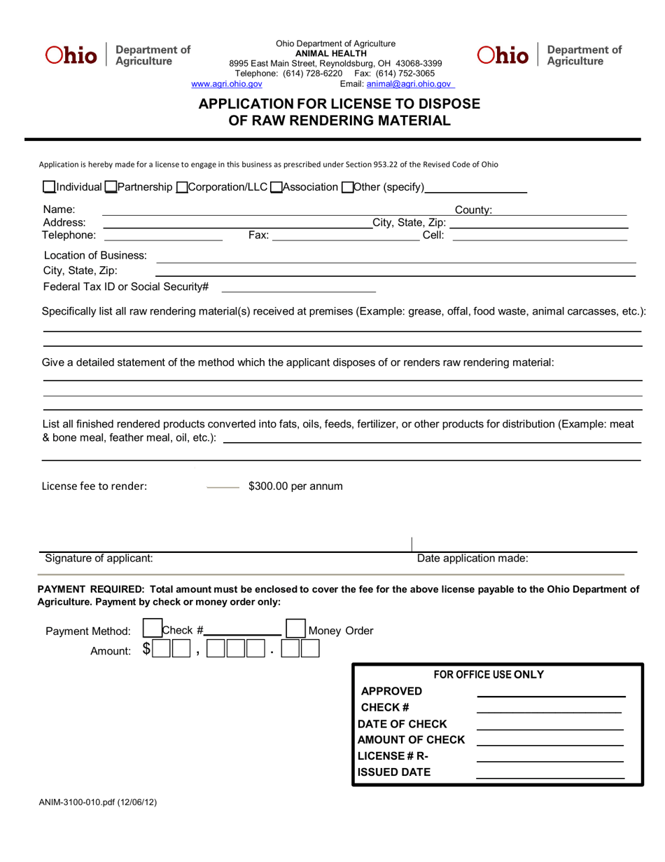 Form ANIM-3100-010 Application for License to Dispose of Raw Rendering Material - Ohio, Page 1