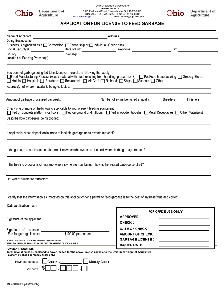 Form ANIM-3100-008 Application for License to Feed Garbage - Ohio, Page 1