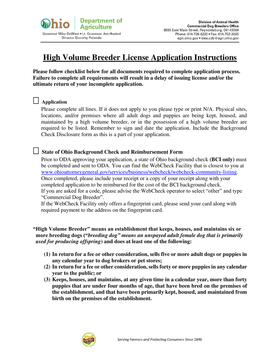 Ohio Application for High Volume Breeder License Fill Out, Sign