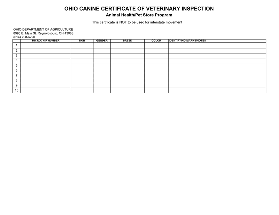 Ohio Canine Certificate of Veterinary Inspection - Animal Health / Pet Store Program - Ohio, Page 2