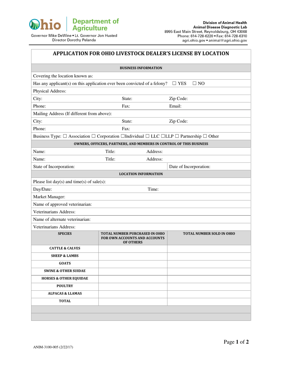 Form ANIM-3100-005 Application for Ohio Livestock Dealers License by Location - Ohio, Page 1