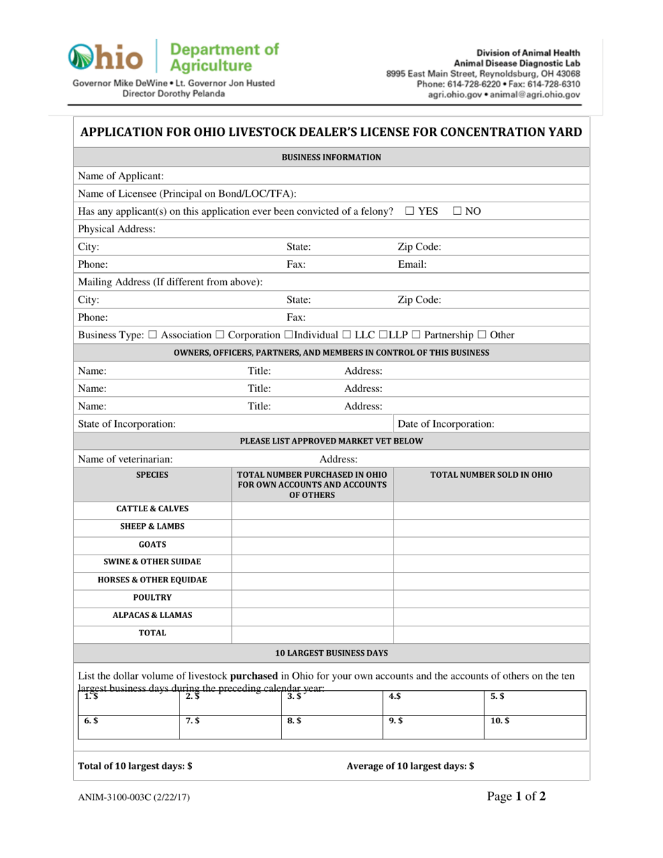 Form ANIM-3100-003C Application for Ohio Livestock Dealers License for Concentration Yard - Ohio, Page 1