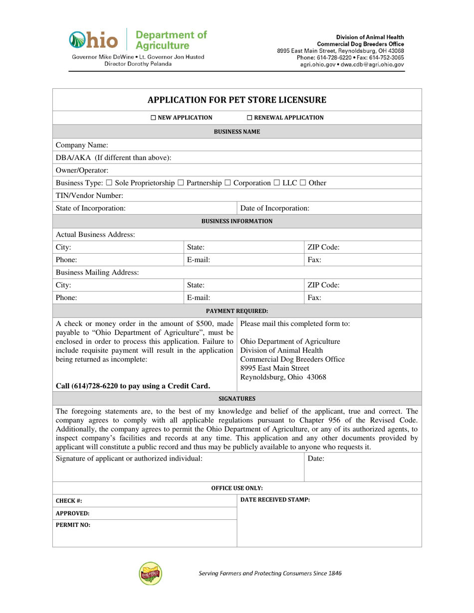 Application for Pet Store Licensure - Ohio, Page 1