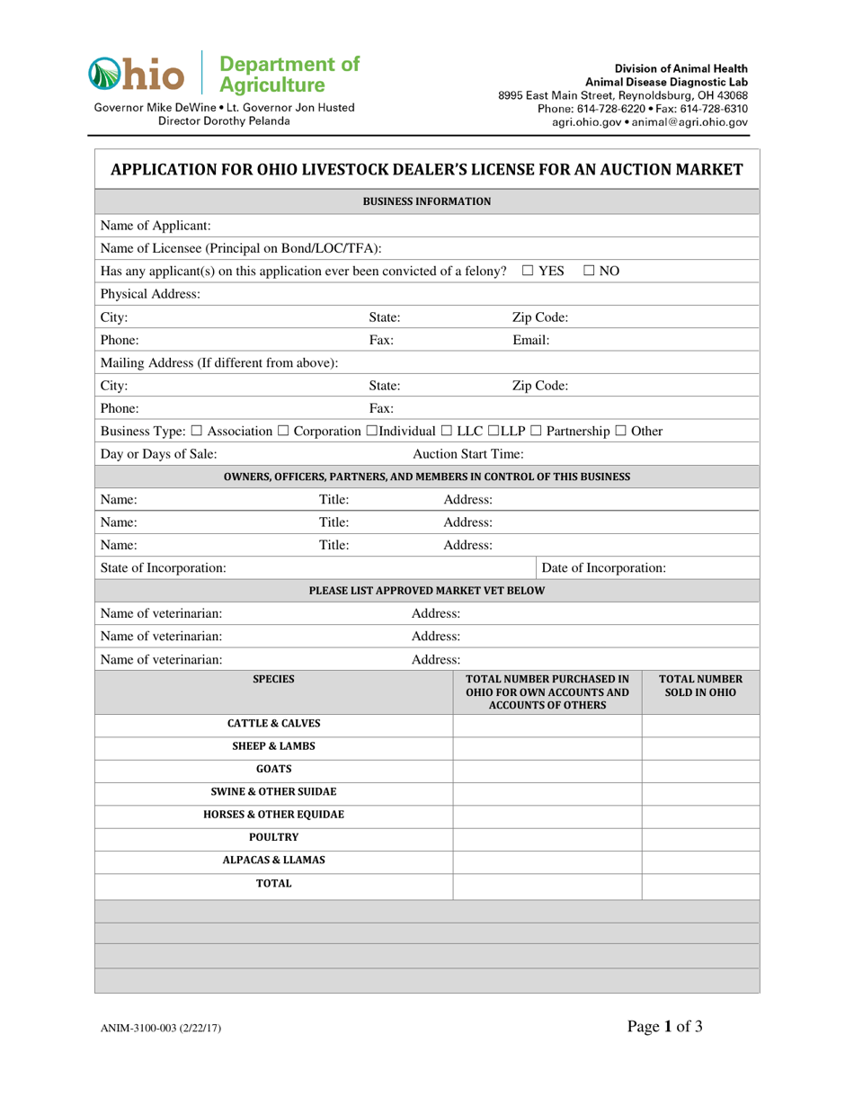 Form ANIM-3100-003 Application for Ohio Livestock Dealers License for an Auction Market - Ohio, Page 1