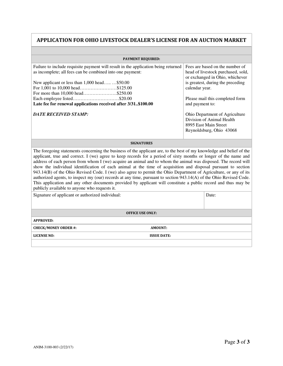 Form ANIM-3100-003 Application for Ohio Livestock Dealers License for an Auction Market - Ohio, Page 3