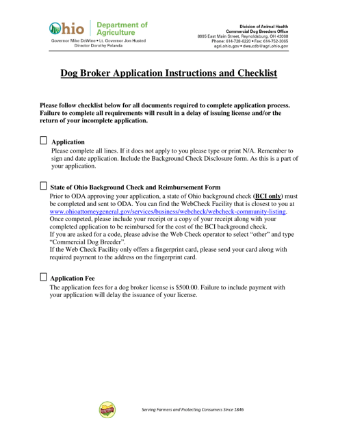 Application for Dog Broker License - Ohio
