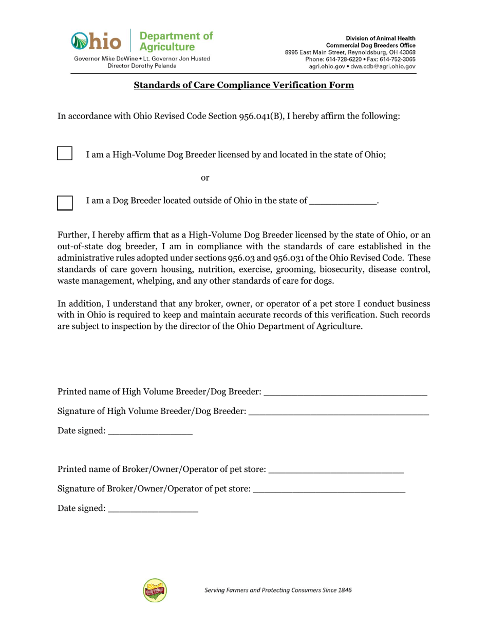 Standards of Care Compliance Verification Form - Ohio, Page 1