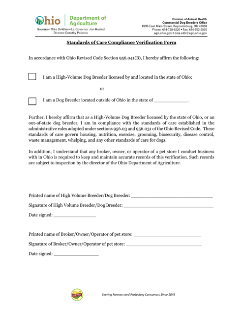 Standards of Care Compliance Verification Form - Ohio Download Pdf