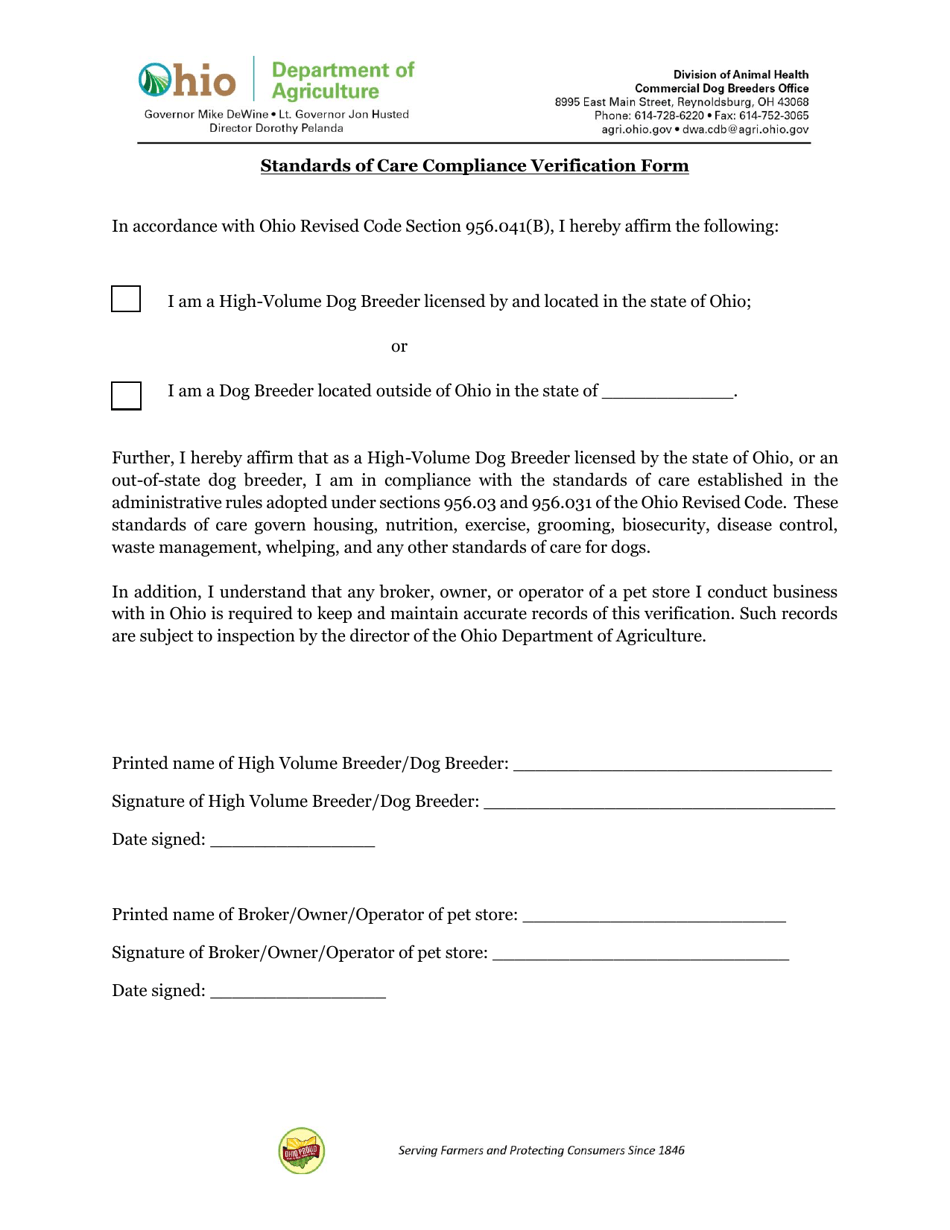 Ohio Standards of Care Compliance Verification Form Fill Out, Sign