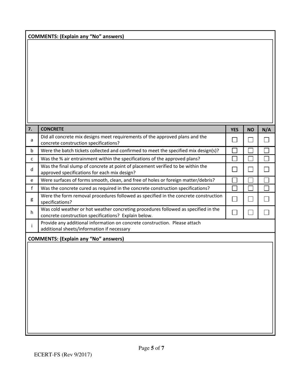 ODA Form ECERT-FS Professional Engineer Certification - Construction of Fabricated Manure Storage Structure - Ohio, Page 5