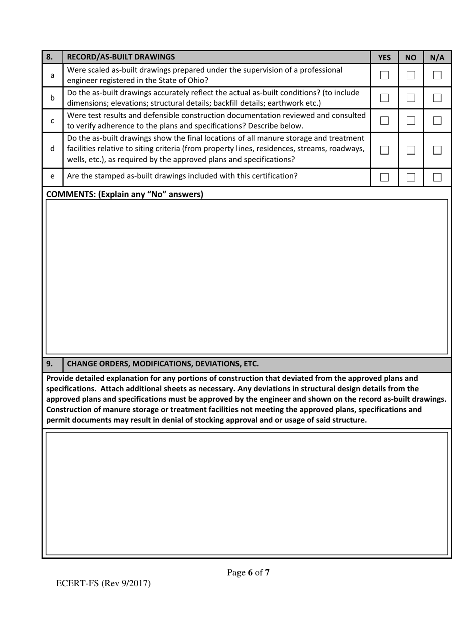 ODA Form ECERT-FS Professional Engineer Certification - Construction of Fabricated Manure Storage Structure - Ohio, Page 6