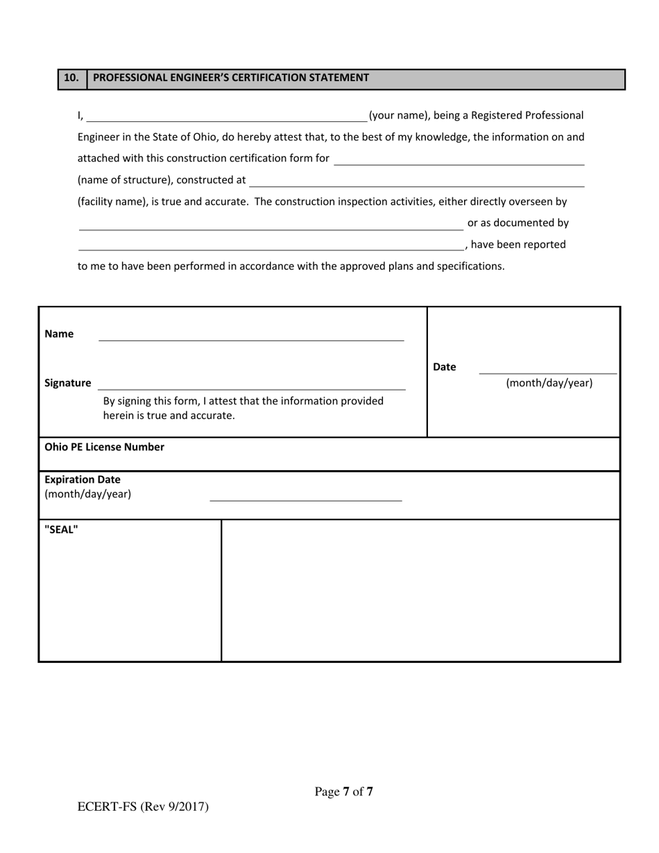ODA Form ECERT-FS Professional Engineer Certification - Construction of Fabricated Manure Storage Structure - Ohio, Page 7