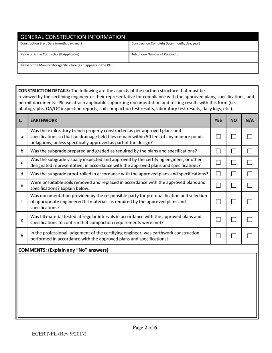 ODA Form ECERT-PL Professional Engineer Certification - Construction of Manure Storage Pond or Lagoon - Ohio, Page 2