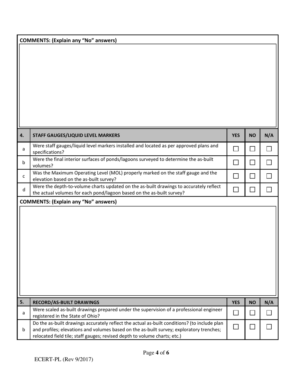 ODA Form ECERT-PL Professional Engineer Certification - Construction of Manure Storage Pond or Lagoon - Ohio, Page 4