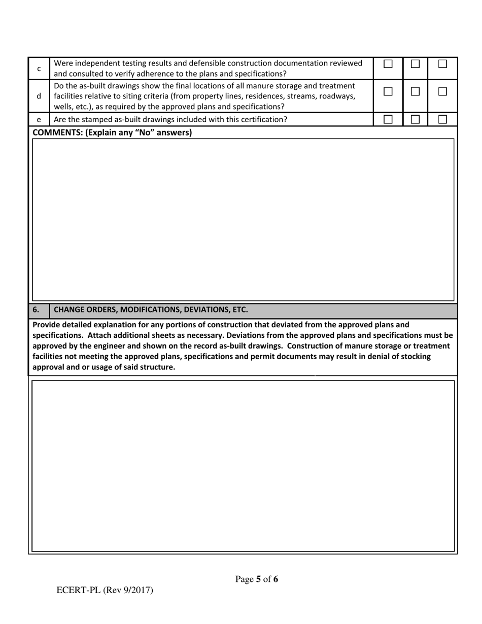 ODA Form ECERT-PL Professional Engineer Certification - Construction of Manure Storage Pond or Lagoon - Ohio, Page 5