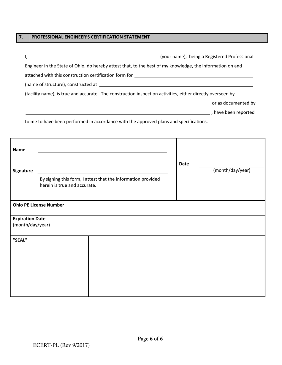 ODA Form ECERT-PL Professional Engineer Certification - Construction of Manure Storage Pond or Lagoon - Ohio, Page 6