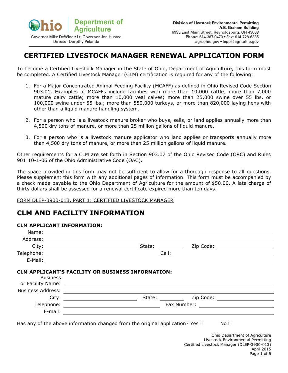 Form DLEP-3900-013 Certified Livestock Manager Renewal Application Form - Ohio, Page 1