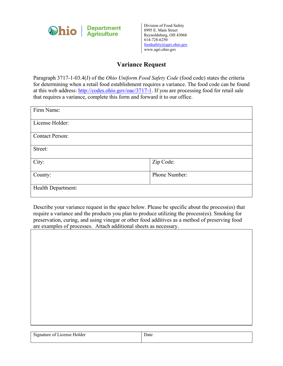 Variance Request Form - Ohio, Page 1