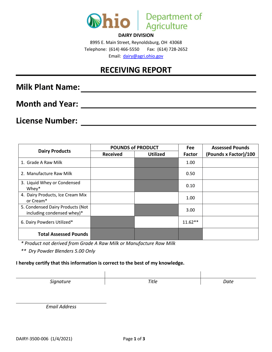 Form DAIRY-3500-006 Receiving Report - Ohio, Page 1