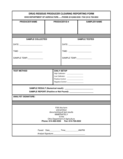 Drug Residue Producer Clearing Reporting Form - Ohio Download Pdf