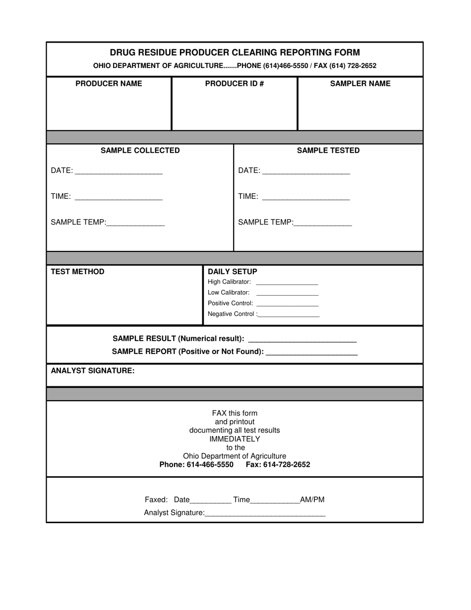 Drug Residue Producer Clearing Reporting Form - Ohio, Page 1