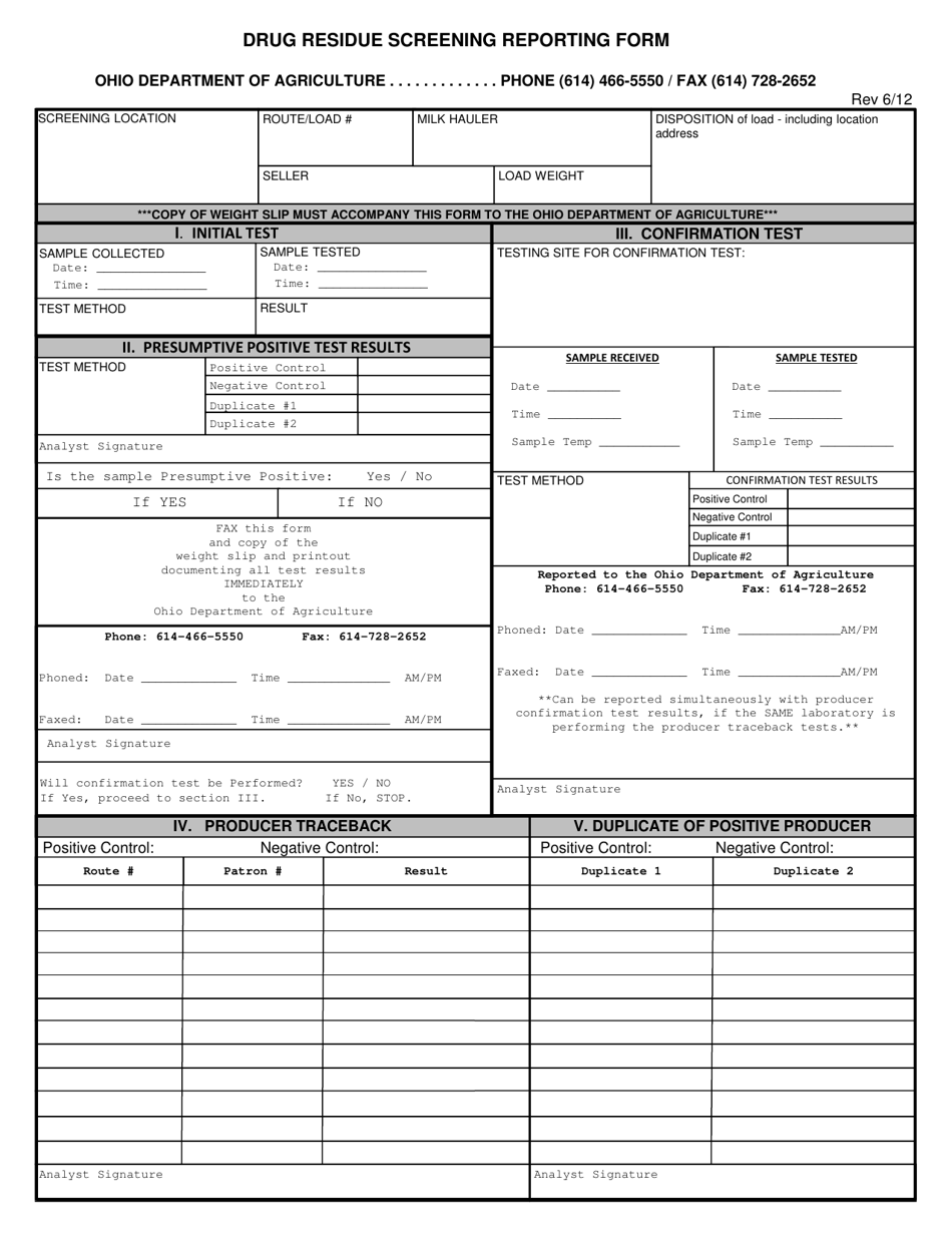 Drug Residue Screening Reporting Form - Ohio, Page 1