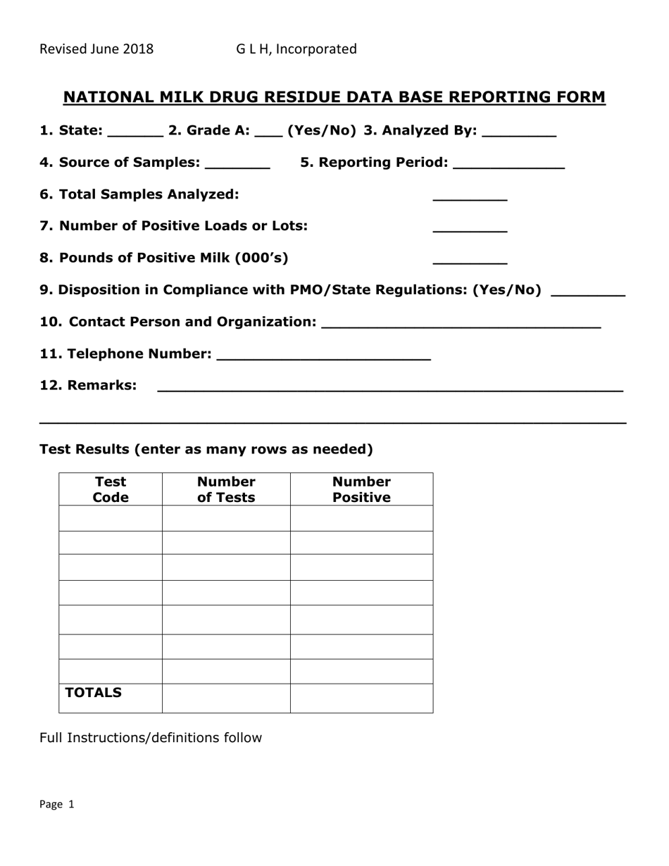 National Milk Drug Residue Database Reporting Form - Ohio, Page 1