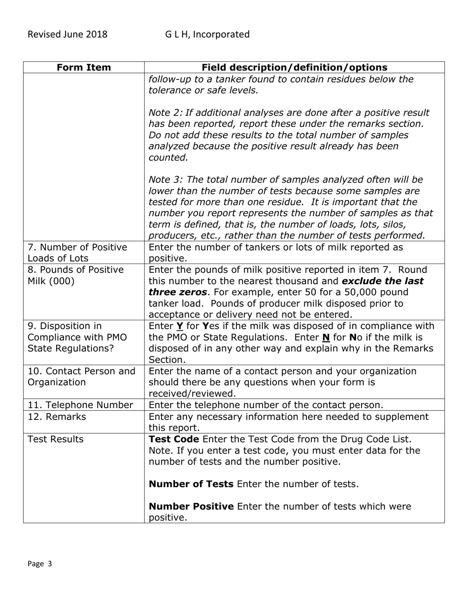 National Milk Drug Residue Database Reporting Form - Ohio, Page 3