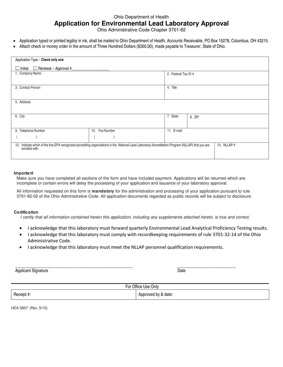 Form HEA5807 Download Fillable PDF or Fill Online Application for