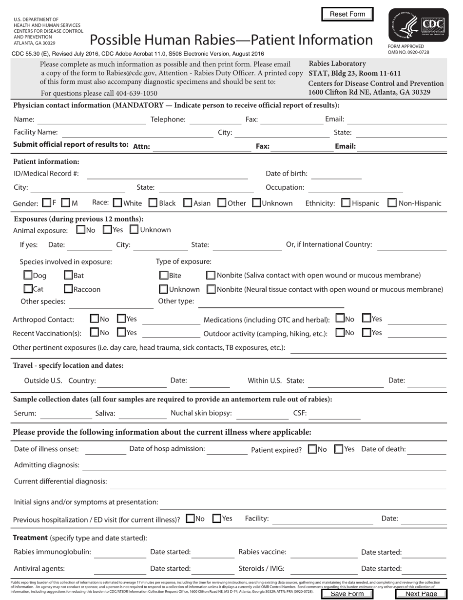 Form CDC-55.30 (E) Possible Human Rabies - Patient Information, Page 1