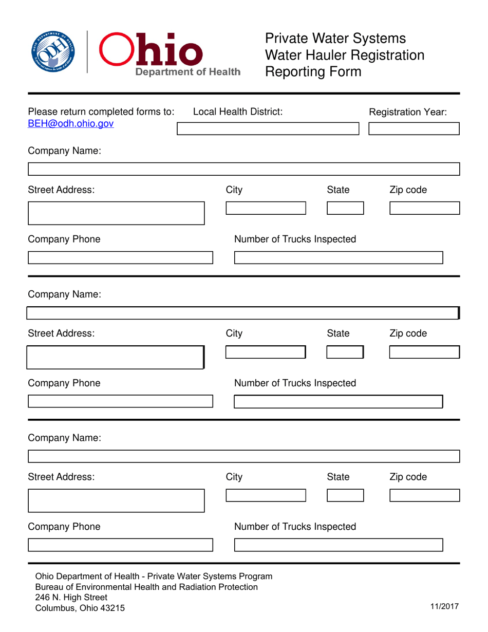 Private Water Systems Water Hauler Registration Reporting Form - Ohio, Page 1