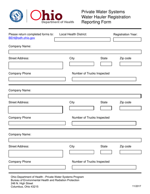 Private Water Systems Water Hauler Registration Reporting Form - Ohio Download Pdf