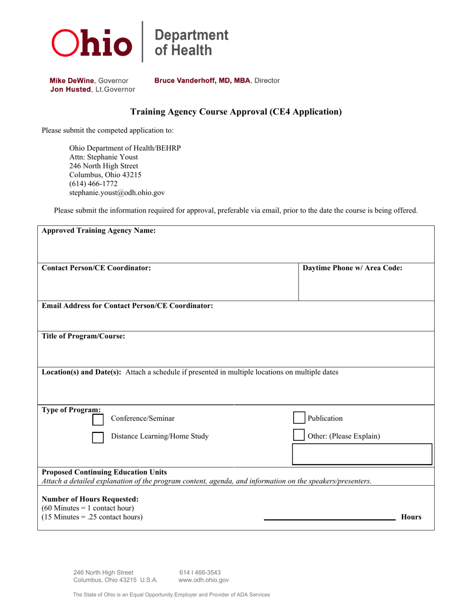 Training Agency Course Approval (Ce4 Application) - Ohio, Page 1