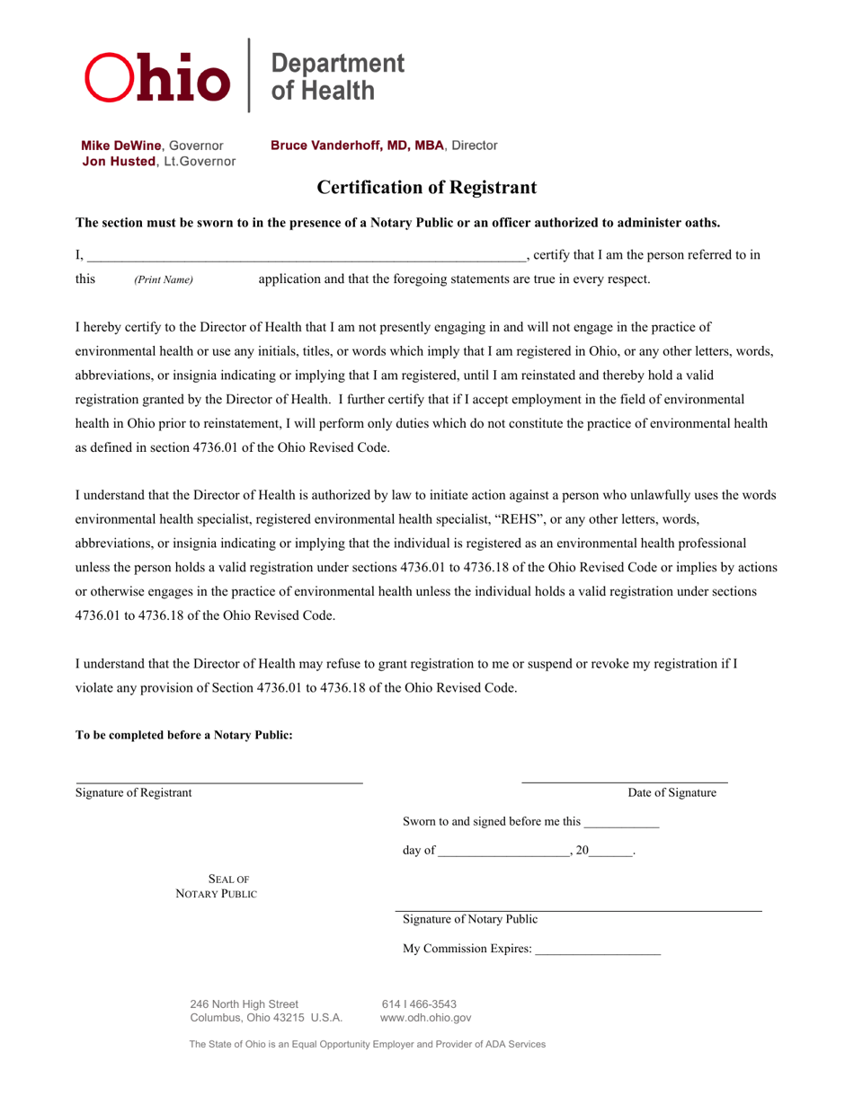 Certification of Registrant - Ohio, Page 1
